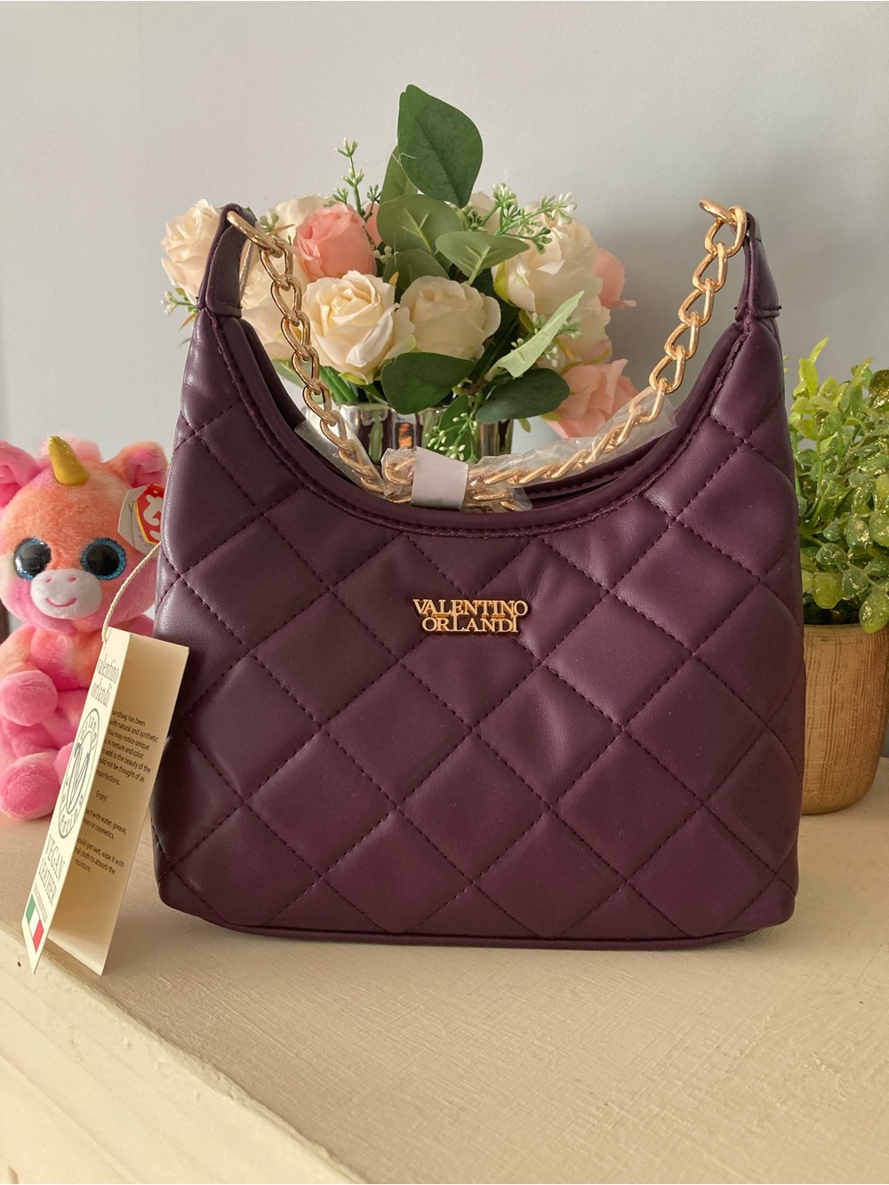 Valentino Orlandi Quilted Shoulder Bag in Plum with Gold Chain